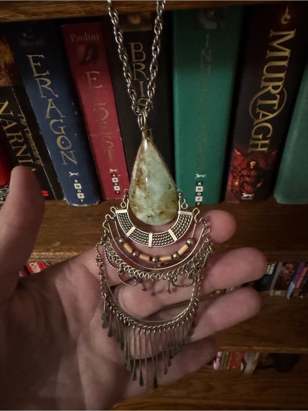 Boho Teardrop Green Stone Fringe Necklace - Unbranded